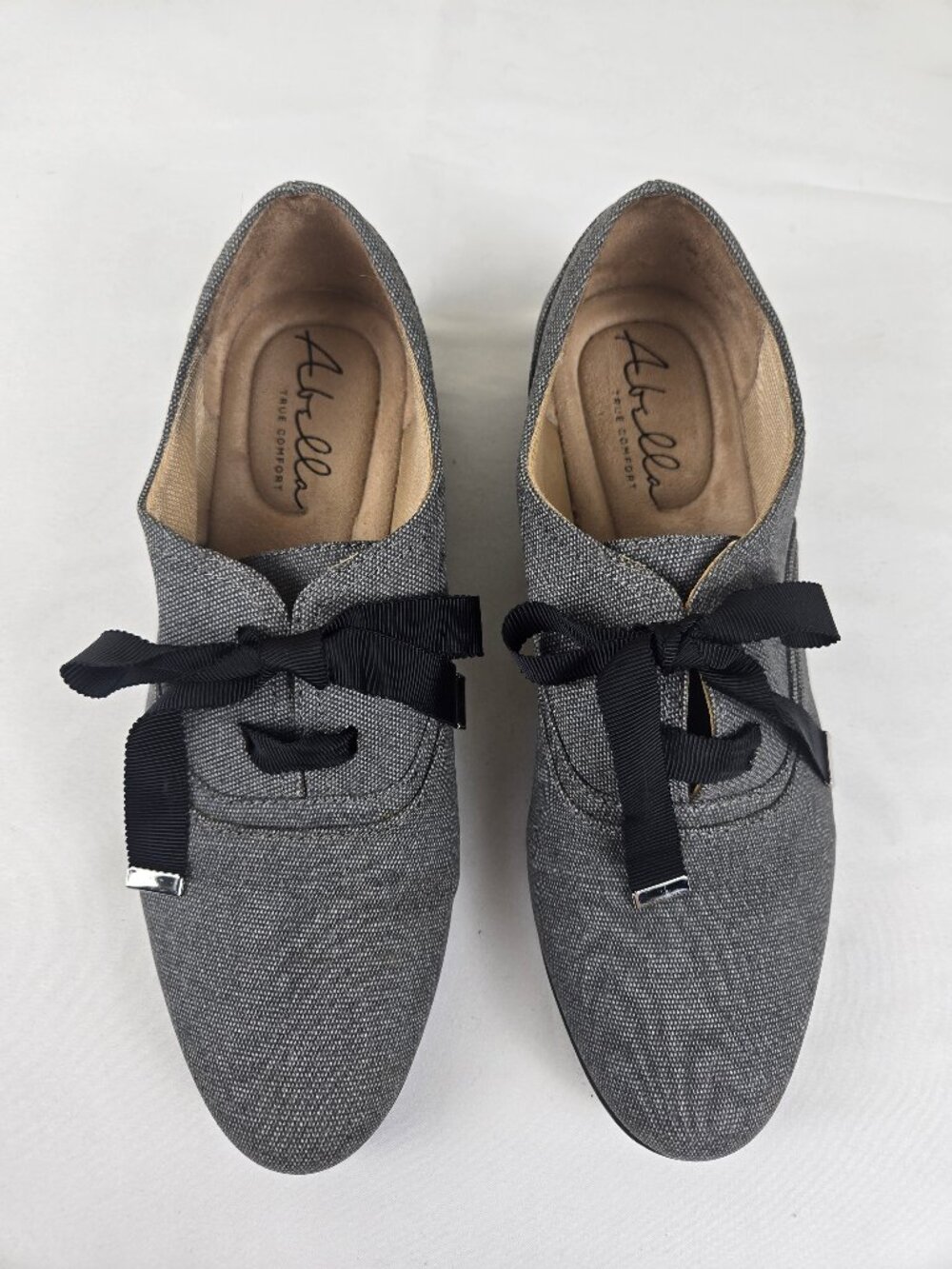 Abella Moxie Size 7.5 Dark Gray Oxford Loafer Black Ribbon Ties Almond Toe